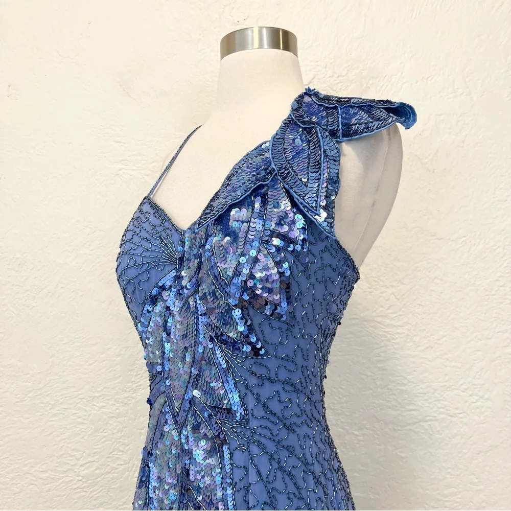 Vintage NiteLine Dress Blue Silk Chiffon Beaded Sequins 70s 80s Party XS S - Picture 8 of 11